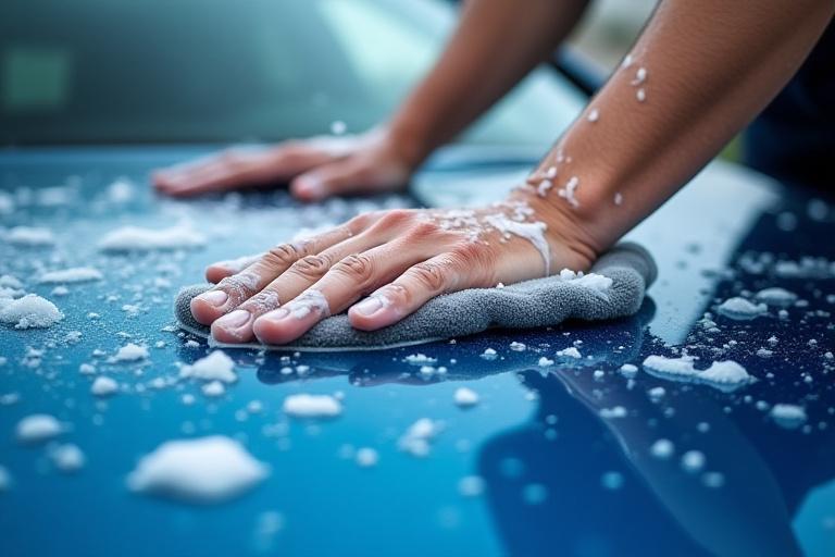 Operatore che lava auto a mano con guanto