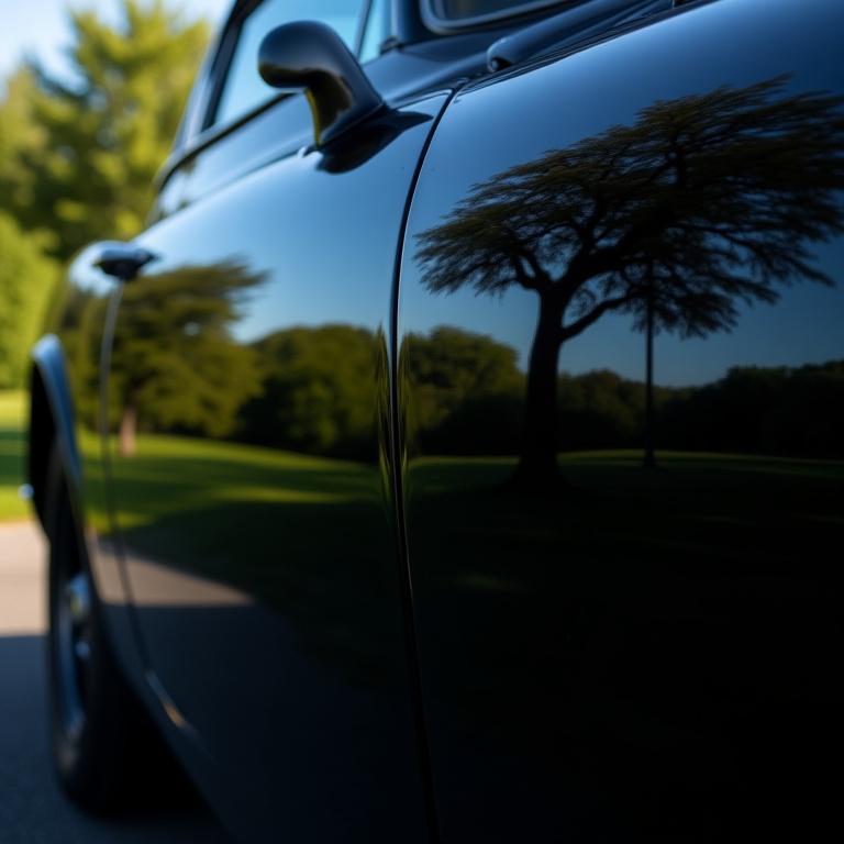 Riflesso a specchio di un albero sulla portiera nera di un'auto lucidata